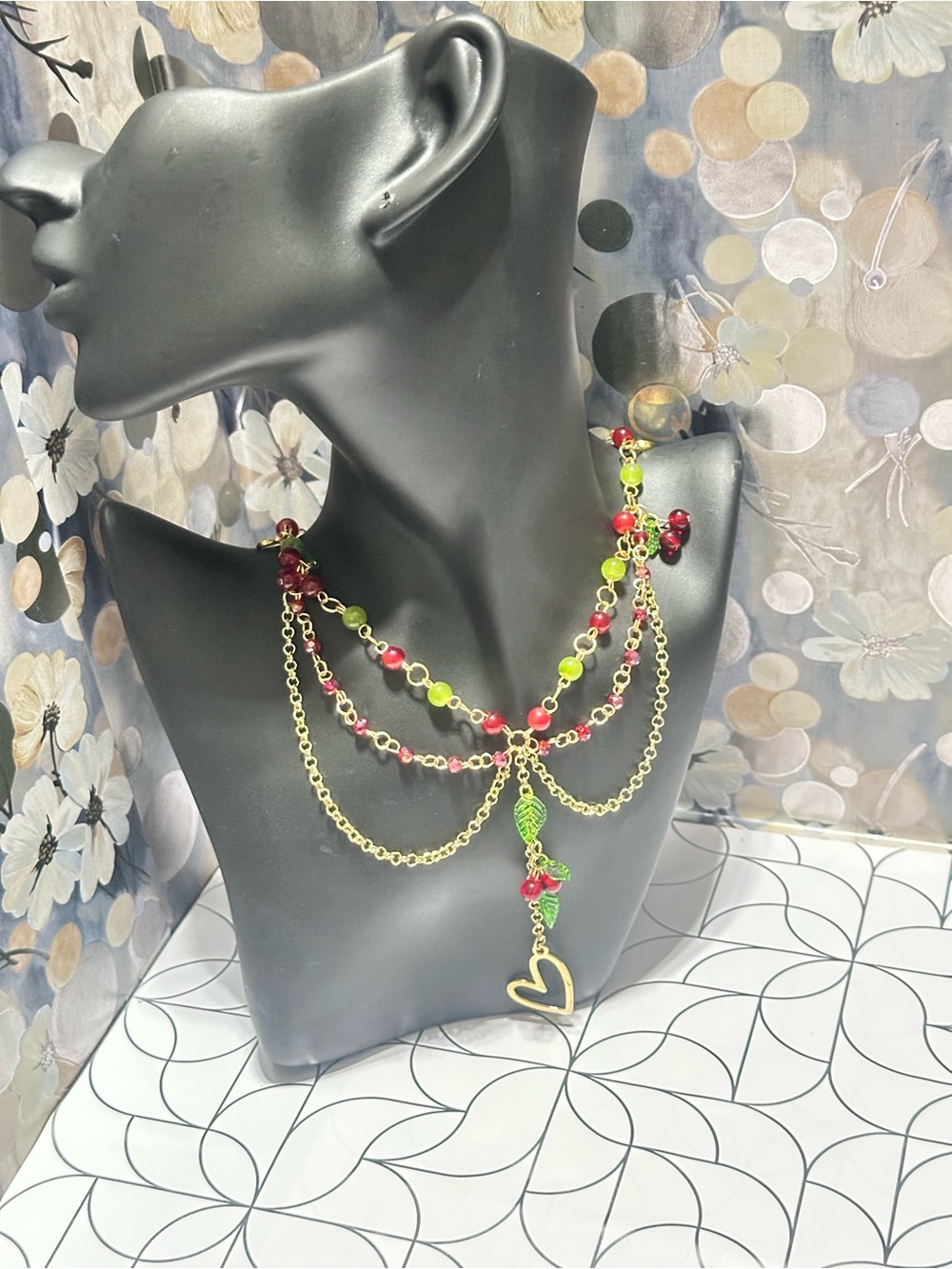 Gold-Tone Layered Necklace with Red and Lime Beads - Women Jewelry